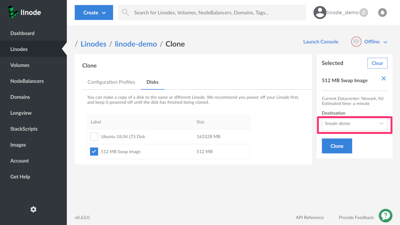 Select a Destination Linode