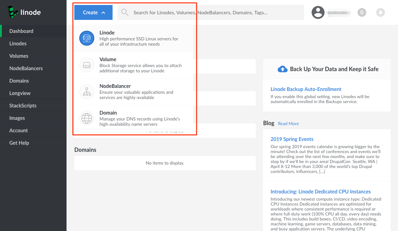 Click 'Create' at the top of the screen and choose 'Linode' from the dropdown menu.